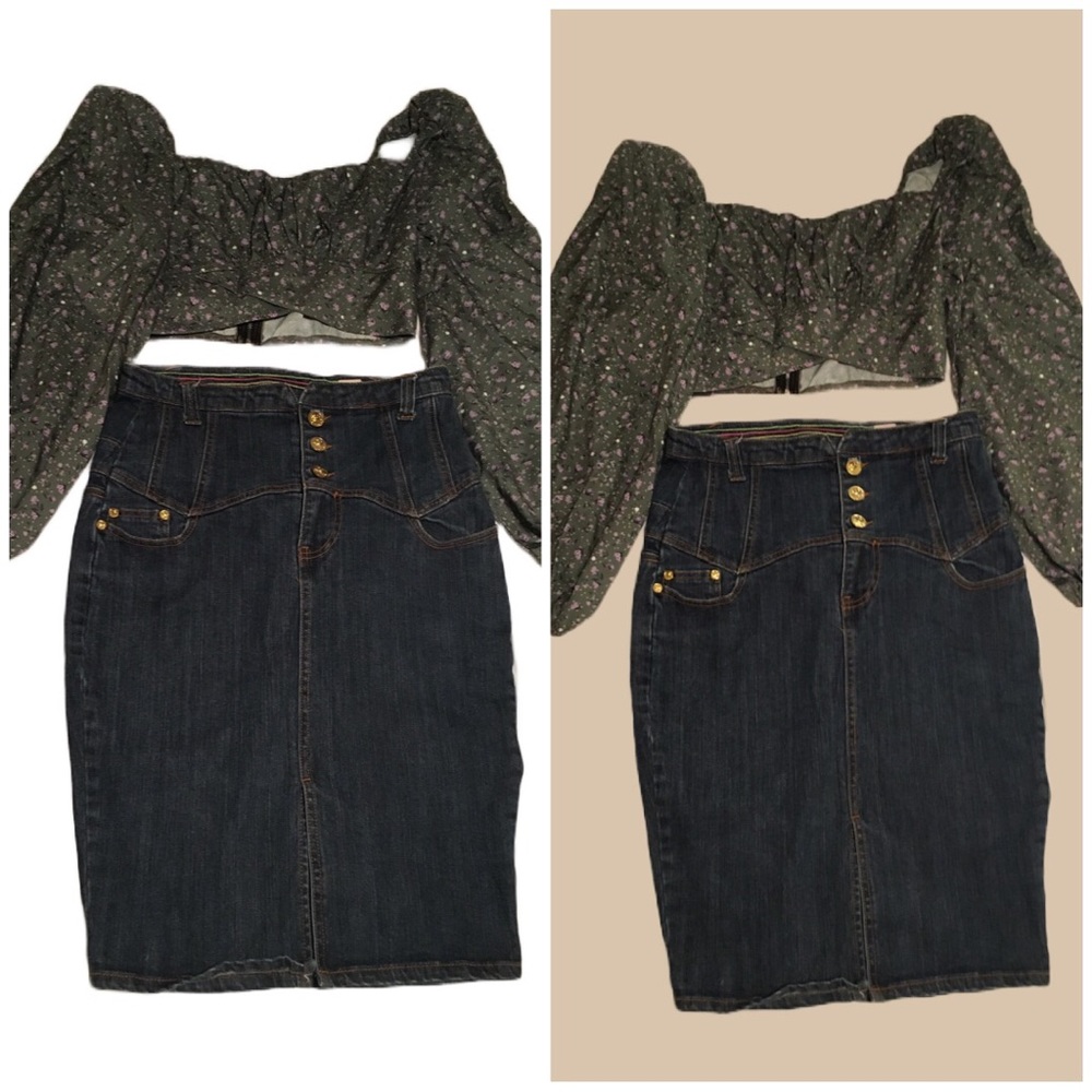 Green flower top with high waist skirt